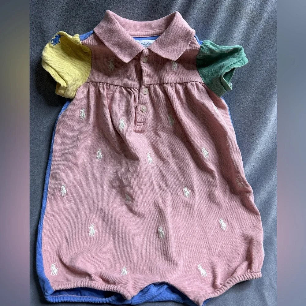 Ralph Lauren Pink Polo Baby Romper with Colorblock Sleeves